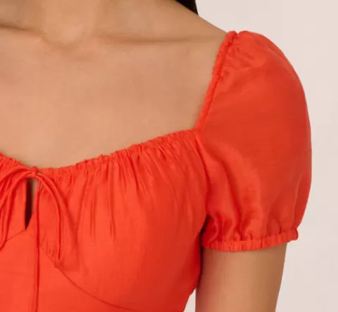 Adrianna Papell Shirred Fit And Flare Dress With Puff Short Sleeves In Orange Spice ORANGESPICE Best Sale