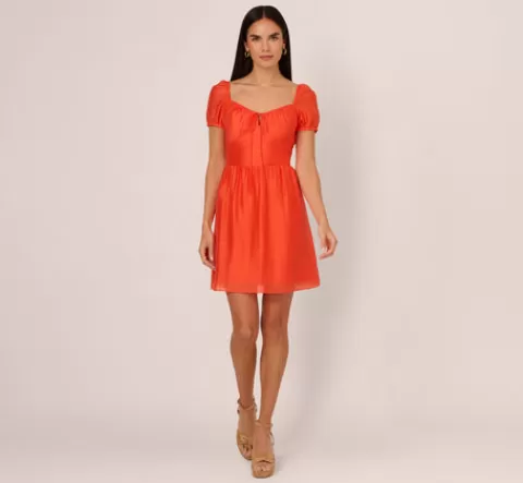 Adrianna Papell Shirred Fit And Flare Dress With Puff Short Sleeves In Orange Spice ORANGESPICE Best Sale