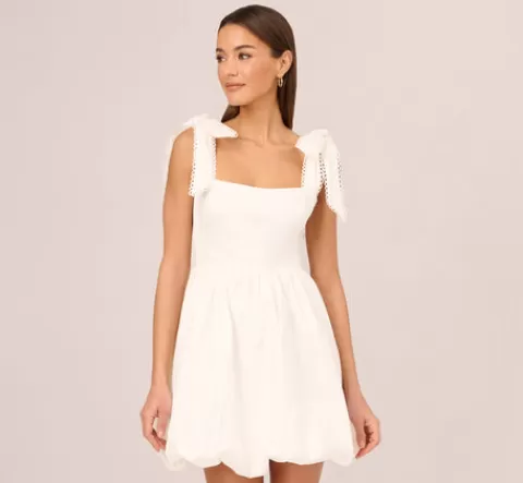 Adrianna Papell Short Bubble Dress With Bow Tie Straps In WHITE Flash Sale
