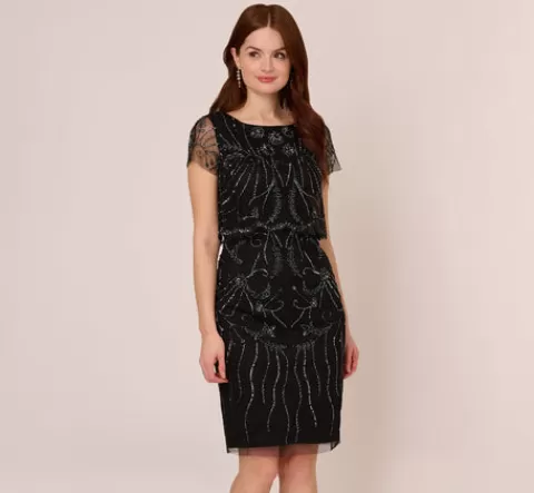 Adrianna Papell Short Sleeve Beaded Cocktail Dress With Popover In Black Gunmetal BLACK-GUNMETAL Outlet