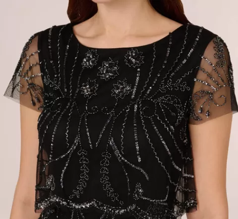 Adrianna Papell Short Sleeve Beaded Cocktail Dress With Popover In Black Gunmetal BLACK-GUNMETAL Outlet