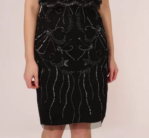Adrianna Papell Short Sleeve Beaded Cocktail Dress With Popover In Black Gunmetal BLACK-GUNMETAL Outlet