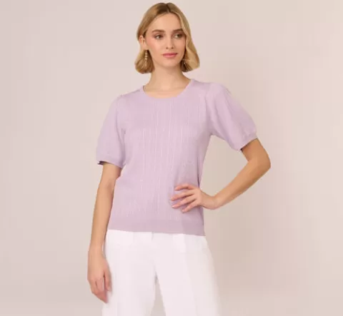 Adrianna Papell Short Sleeve Cable Knit Sweater With Crew Neckline In Orchid Petal ORCHIDPETAL Best