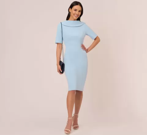 Adrianna Papell Short Sleeve Crepe Dress With Rolled Neck In Blue Mist BLUEMIST Shop
