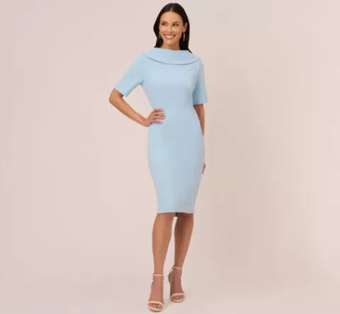 Adrianna Papell Short Sleeve Crepe Dress With Rolled Neck In Blue Mist BLUEMIST Shop