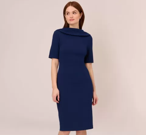 Adrianna Papell Short Sleeve Crepe Dress With Rolled Neck In Navy Sateen NAVYSATEEN Discount