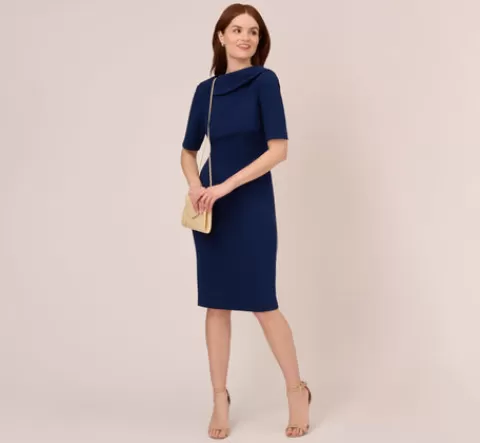 Adrianna Papell Short Sleeve Crepe Dress With Rolled Neck In Navy Sateen NAVYSATEEN Discount