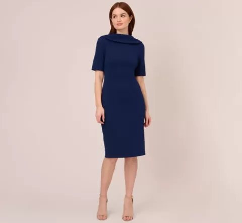Adrianna Papell Short Sleeve Crepe Dress With Rolled Neck In Navy Sateen NAVYSATEEN Discount