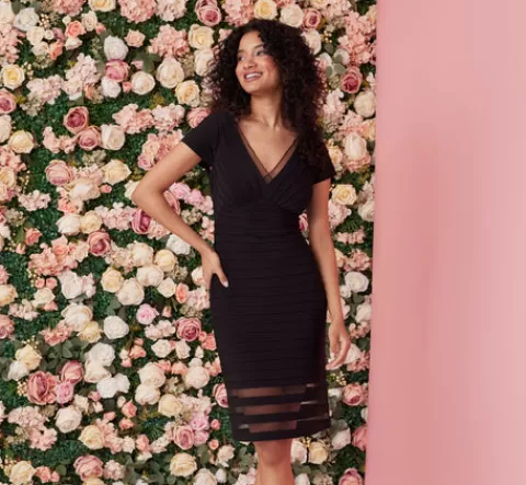 Adrianna Papell Short Sleeve Pintucked Lace Dress With V Neckline In BLACK Online