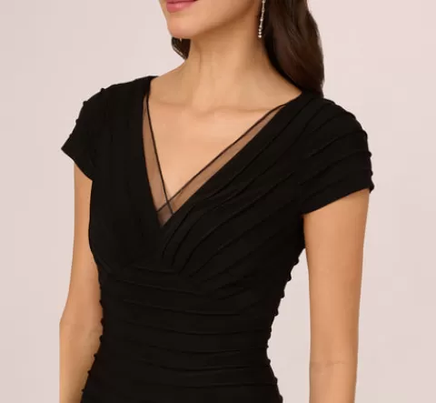 Adrianna Papell Short Sleeve Pintucked Lace Dress With V Neckline In BLACK Online