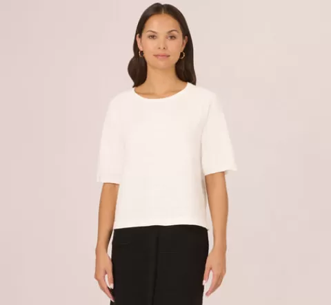 Adrianna Papell Short Sleeve Pointelle Sweater With Crew Neckline In IVORY New