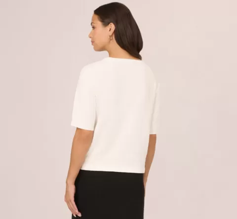 Adrianna Papell Short Sleeve Pointelle Sweater With Crew Neckline In IVORY New