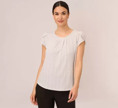 Adrianna Papell Short Sleeve Printed Top With Pleated Details In Ivory Black Seed Dot IVORY-BLACKSEEDDOT Clearance
