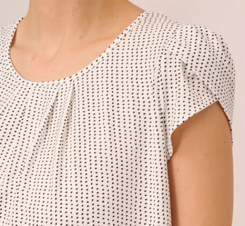 Adrianna Papell Short Sleeve Printed Top With Pleated Details In Ivory Black Seed Dot IVORY-BLACKSEEDDOT Clearance