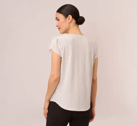 Adrianna Papell Short Sleeve Printed Top With Pleated Details In Ivory Black Seed Dot IVORY-BLACKSEEDDOT Clearance