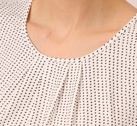 Adrianna Papell Short Sleeve Printed Top With Pleated Details In Ivory Black Seed Dot IVORY-BLACKSEEDDOT Clearance