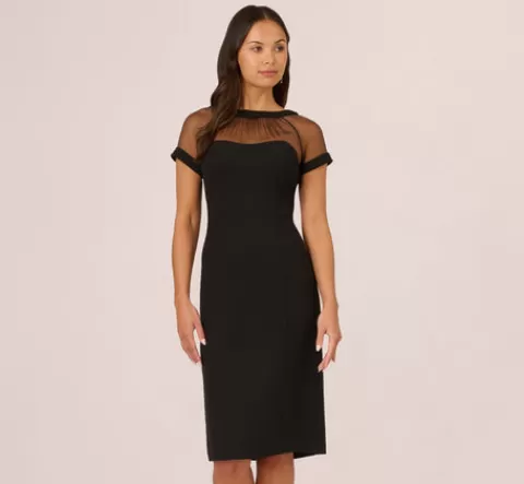 Adrianna Papell Short Sleeve Sheath Dress With Illusion Details In BLACK Clearance
