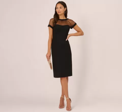 Adrianna Papell Short Sleeve Sheath Dress With Illusion Details In BLACK Clearance