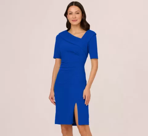 Adrianna Papell Short Sleeves Sheath Dress With Asymmetrical Neckline In Violet Cobalt VIOLETCOBALT Hot