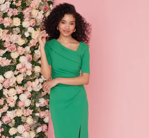 Adrianna Papell Short Sleeves Sheath Dress With Asymmetrical Neckline In Vivid Green VIVIDGREEN Outlet