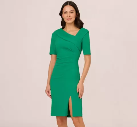 Adrianna Papell Short Sleeves Sheath Dress With Asymmetrical Neckline In Vivid Green VIVIDGREEN Outlet