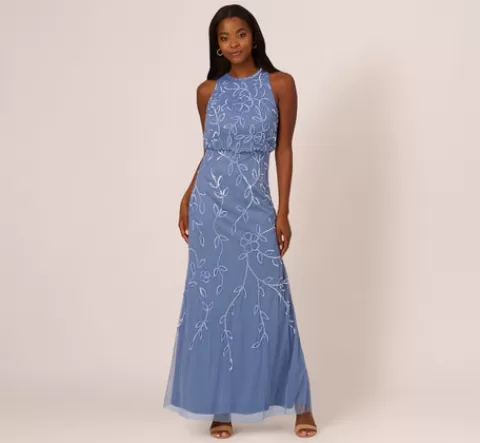 Adrianna Papell Sleeveless Blouson Mermaid Gown With Jasmine Beading In French Blue FRENCHBLUE Cheap