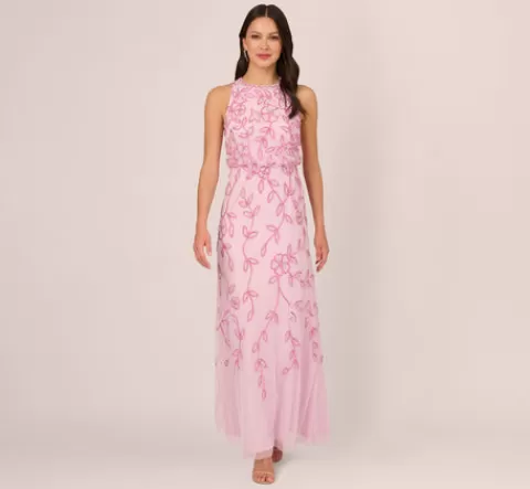 Adrianna Papell Sleeveless Blouson Mermaid Gown With Jasmine Beading In Pink Lace PINKLACE Store