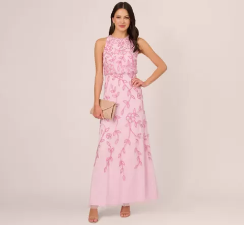 Adrianna Papell Sleeveless Blouson Mermaid Gown With Jasmine Beading In Pink Lace PINKLACE Store