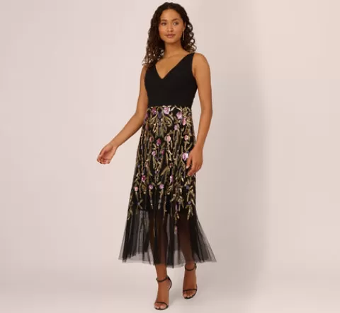 Adrianna Papell Sleeveless Crepe Gown With Floral Beaded Skirt In Black Multi BLACKMULTI Online