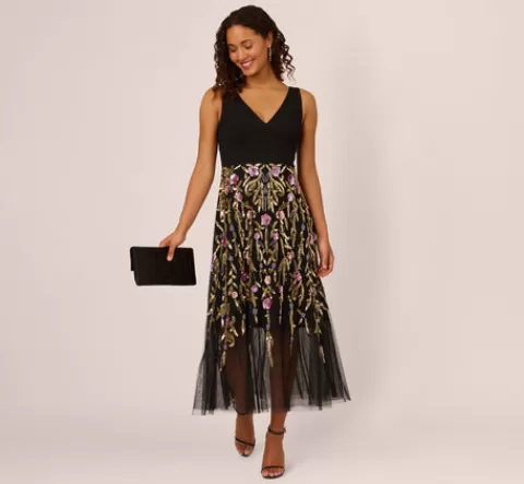Adrianna Papell Sleeveless Crepe Gown With Floral Beaded Skirt In Black Multi BLACKMULTI Online