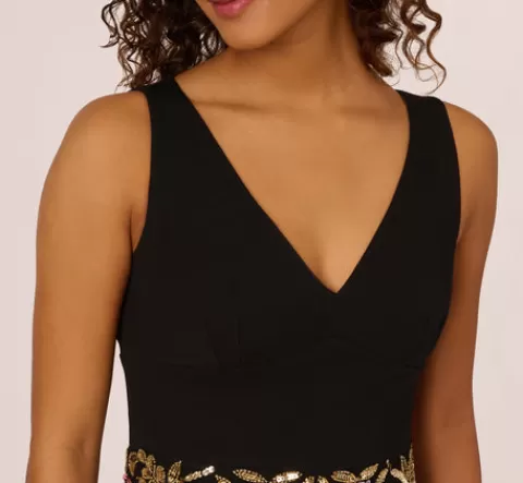 Adrianna Papell Sleeveless Crepe Gown With Floral Beaded Skirt In Black Multi BLACKMULTI Online