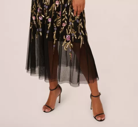 Adrianna Papell Sleeveless Crepe Gown With Floral Beaded Skirt In Black Multi BLACKMULTI Online