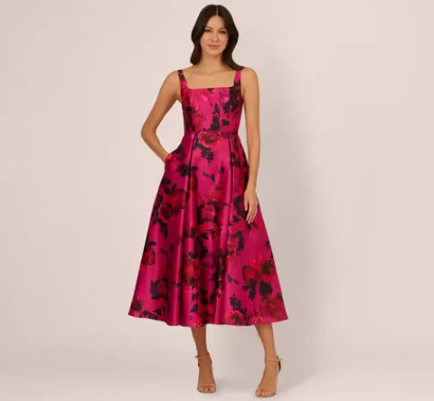 Adrianna Papell Sleeveless Fit And Flare Rose Jacquard Ankle Length Dress In Pink Multi PINKMULTI Hot
