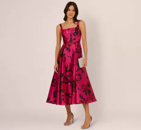 Adrianna Papell Sleeveless Fit And Flare Rose Jacquard Ankle Length Dress In Pink Multi PINKMULTI Hot