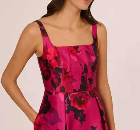 Adrianna Papell Sleeveless Fit And Flare Rose Jacquard Ankle Length Dress In Pink Multi PINKMULTI Hot