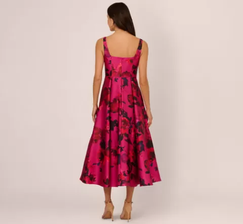 Adrianna Papell Sleeveless Fit And Flare Rose Jacquard Ankle Length Dress In Pink Multi PINKMULTI Hot