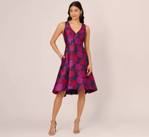 Adrianna Papell Sleeveless Floral Jacquard Midi Dress With High Low Skirt In Navy Multi NAVYMULTI Best Sale