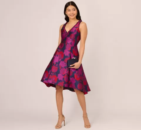 Adrianna Papell Sleeveless Floral Jacquard Midi Dress With High Low Skirt In Navy Multi NAVYMULTI Best Sale