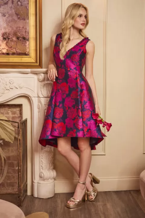 Adrianna Papell Sleeveless Floral Jacquard Midi Dress With High Low Skirt In Navy Multi NAVYMULTI Best Sale