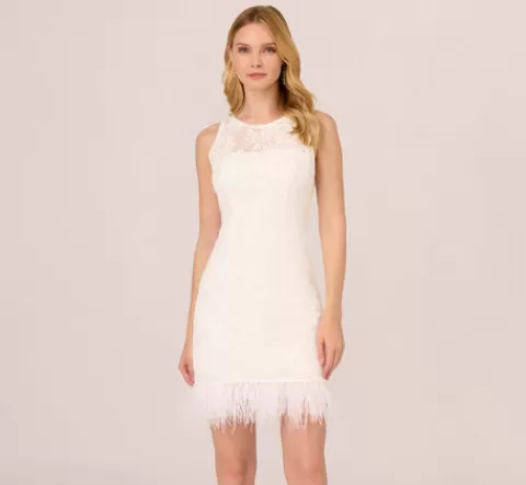 Adrianna Papell Sleeveless Floral Lace Dress With Feather Trim In IVORY Cheap