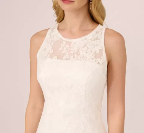 Adrianna Papell Sleeveless Floral Lace Dress With Feather Trim In IVORY Cheap