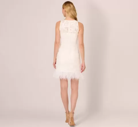 Adrianna Papell Sleeveless Floral Lace Dress With Feather Trim In IVORY Cheap