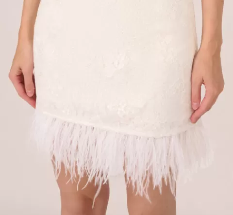 Adrianna Papell Sleeveless Floral Lace Dress With Feather Trim In IVORY Cheap