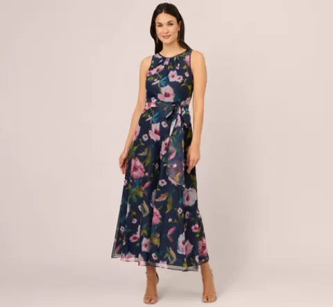 Adrianna Papell Sleeveless Floral Organza Jumpsuit With Cropped Wide Legs In Navy Multi NAVY-MULTI Discount