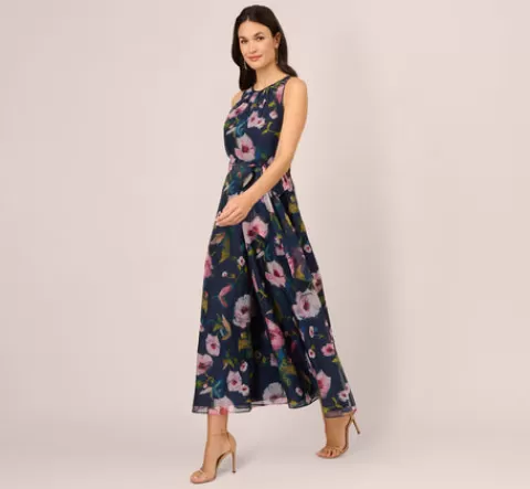 Adrianna Papell Sleeveless Floral Organza Jumpsuit With Cropped Wide Legs In Navy Multi NAVY-MULTI Discount