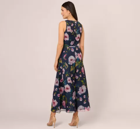 Adrianna Papell Sleeveless Floral Organza Jumpsuit With Cropped Wide Legs In Navy Multi NAVY-MULTI Discount