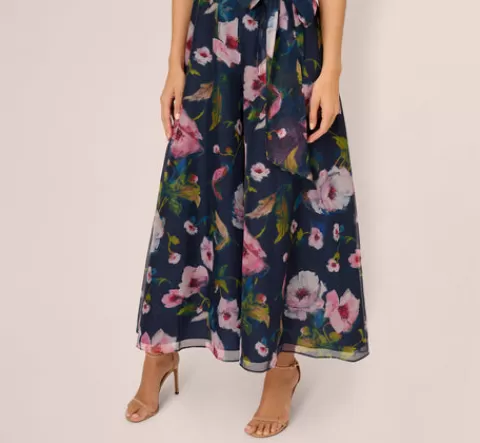 Adrianna Papell Sleeveless Floral Organza Jumpsuit With Cropped Wide Legs In Navy Multi NAVY-MULTI Discount