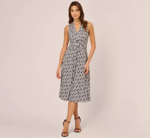 Adrianna Papell Sleeveless Geo Print Midi Dress With Knotted Detail In Black White BLACK-WHITE Cheap