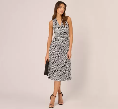 Adrianna Papell Sleeveless Geo Print Midi Dress With Knotted Detail In Black White BLACK-WHITE Cheap