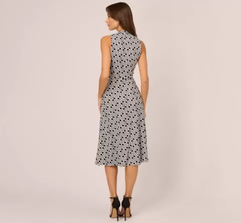 Adrianna Papell Sleeveless Geo Print Midi Dress With Knotted Detail In Black White BLACK-WHITE Cheap